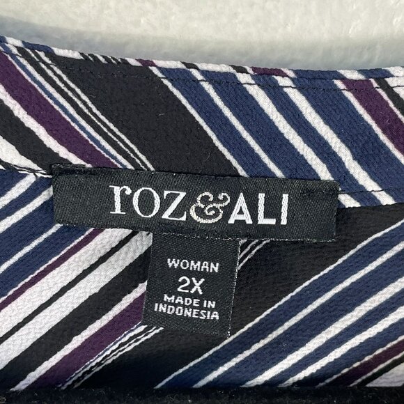 Roz & Ali Womens Plus 2X Striped Roll Tab Sleeve Blouse Pockets Top Shirt - Picture 3 of 9